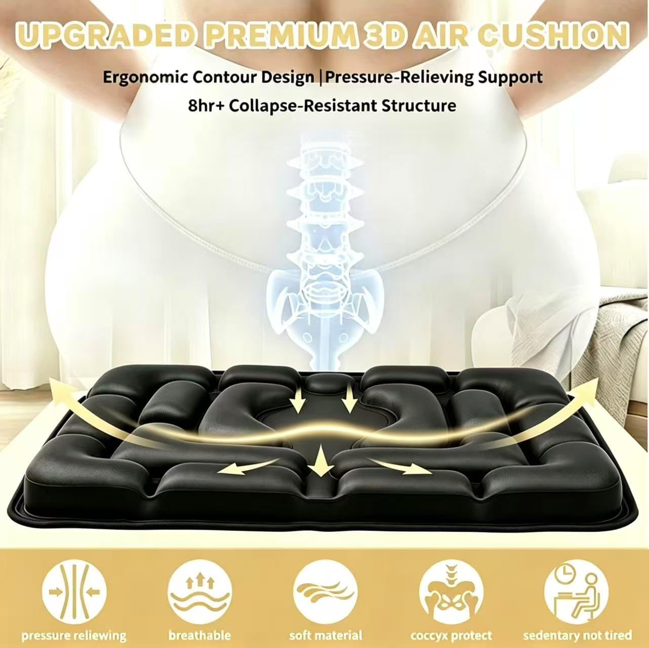 Sondor Inflatable Travel Seat Cushion, Ergonomic Cutout for Long Sitting | Press-to-Inflate Cushion for Airplane, Car, Office & Wheelchair; Hollow Cutout boosts airflow & eases hip pressure