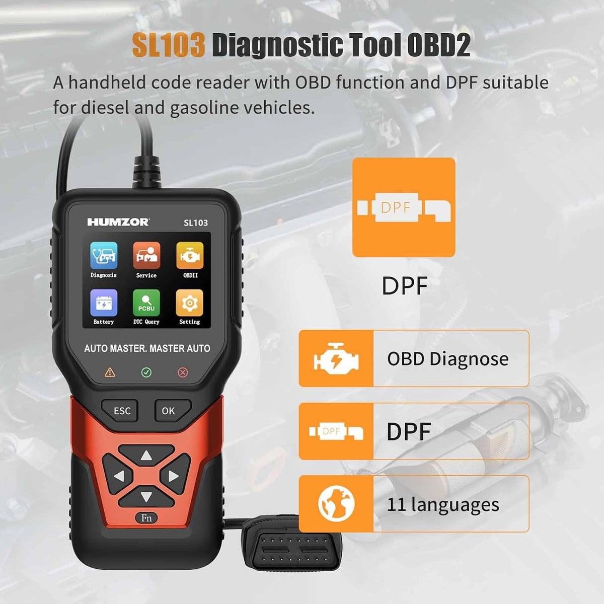 SL103 OBD2 Scanner Diagnostic Tool, Professional Diagnostic Tool with DPF Function, Universal Car Code Reader for Gasoline and Diesel Vehicles, 2.8-inch Color Display, 11 Languages Support