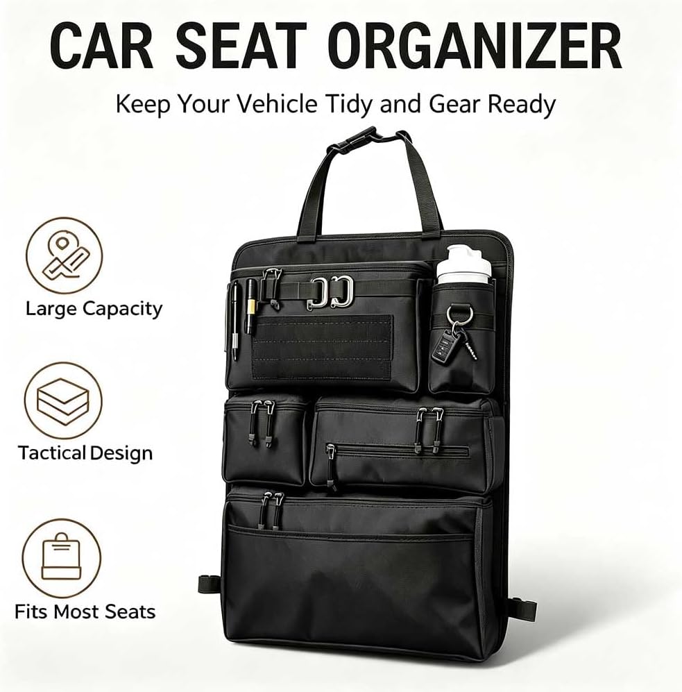 Heavy Duty Tactical Car Seat Back Organizer, Seat Back Protector with Multi Storage Pockets, All-in-One Behind Seat Storage Bag for Car, Organize Tools, Camping Gear, Travel Essentials (Black)