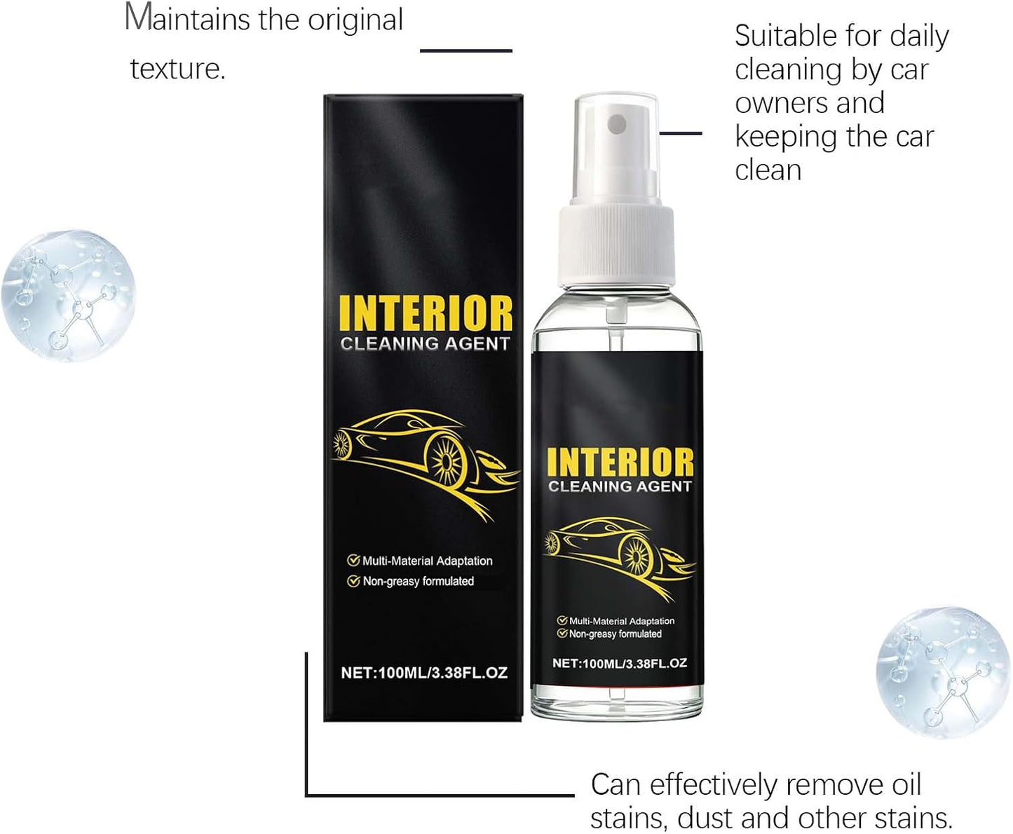 Multi-Purpose Car Interior Cleaner for Leather, Seats, Fabric, Vinyl, Car Cleaning Supplies, Interior Detailer Spray, Remove Stain, Dust and Grime, Gloss Restore (4Pcs)