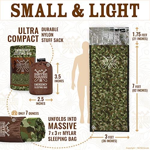 Don’t Die in The Woods - Emergency Sleeping Bag with Hood - Made with Extra Thick Thermal Mylar - for Hiking First Aid Kit Camping Blanket Survival Gear Essentials