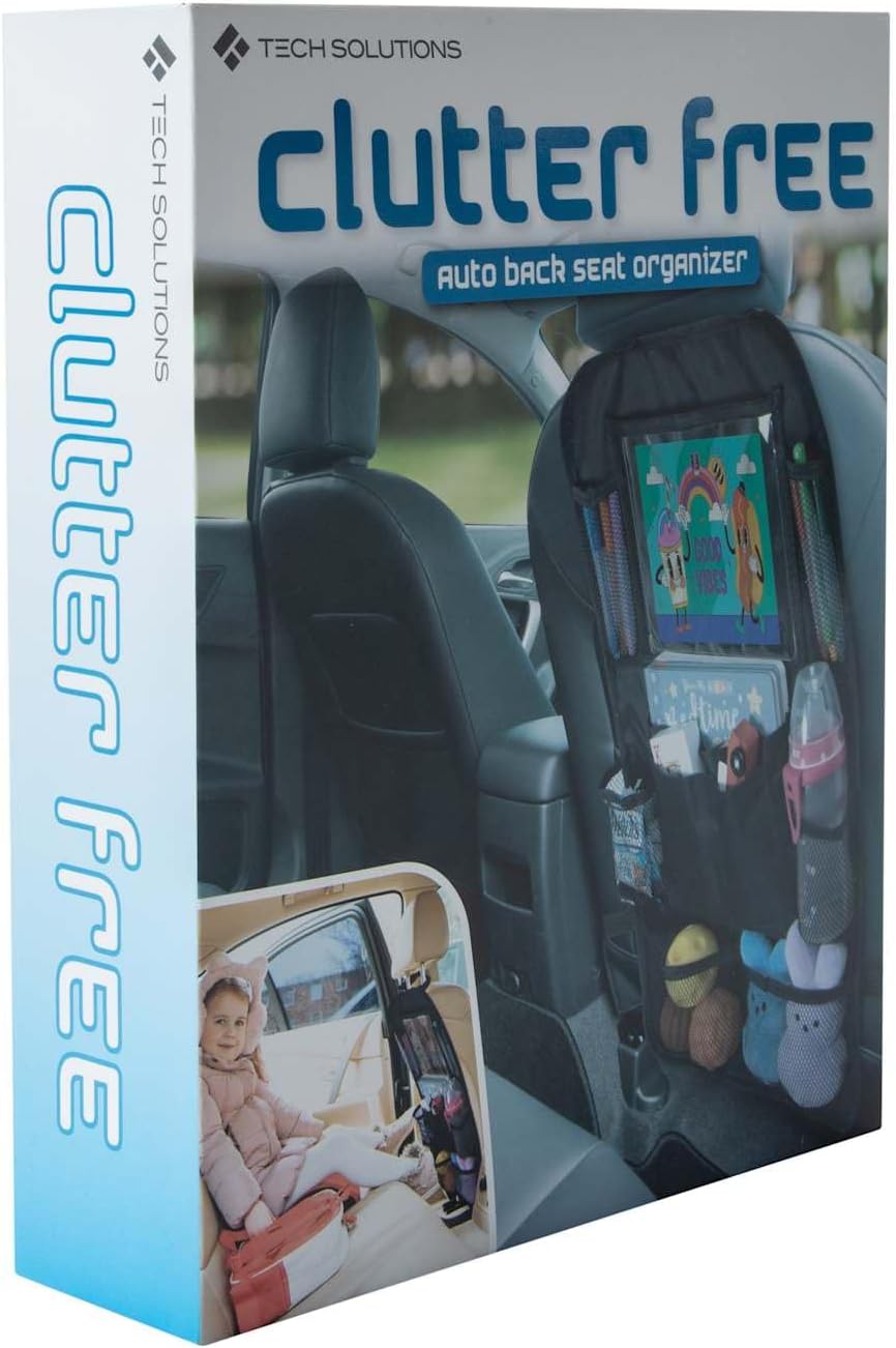 Tech Solutions Clutter Free Car Back Seat Organizer, Multi-Pocket Storage System, Black