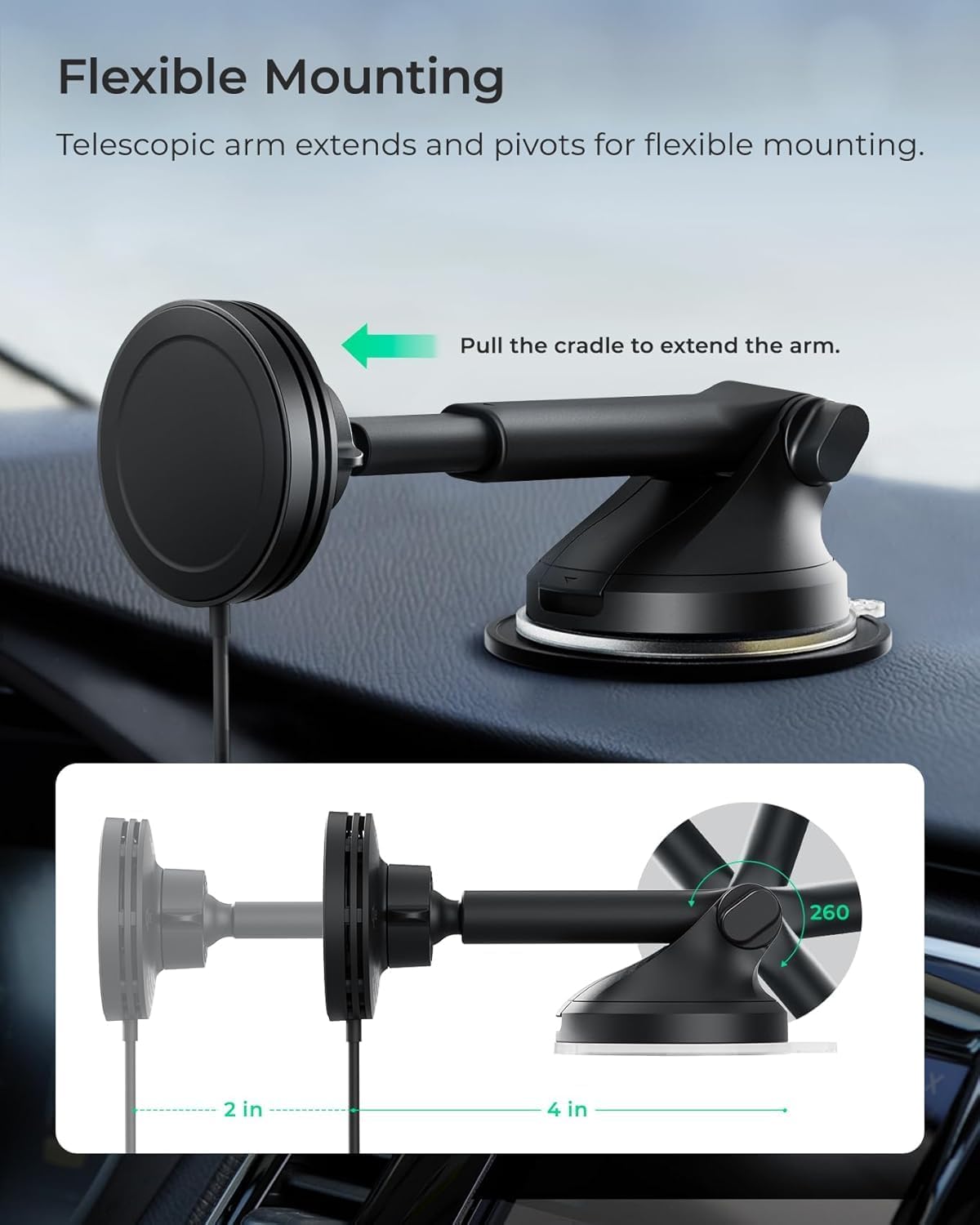 iOttie Velox Qi2 Mini 15W Wireless Charger Car Mount - Dash & Windshield Car Phone Holder - MagSafe Compatible iPhone Mount for Qi2 Smartphones (iPhone12 13 14 15 16 and 17) - Car Charger Included