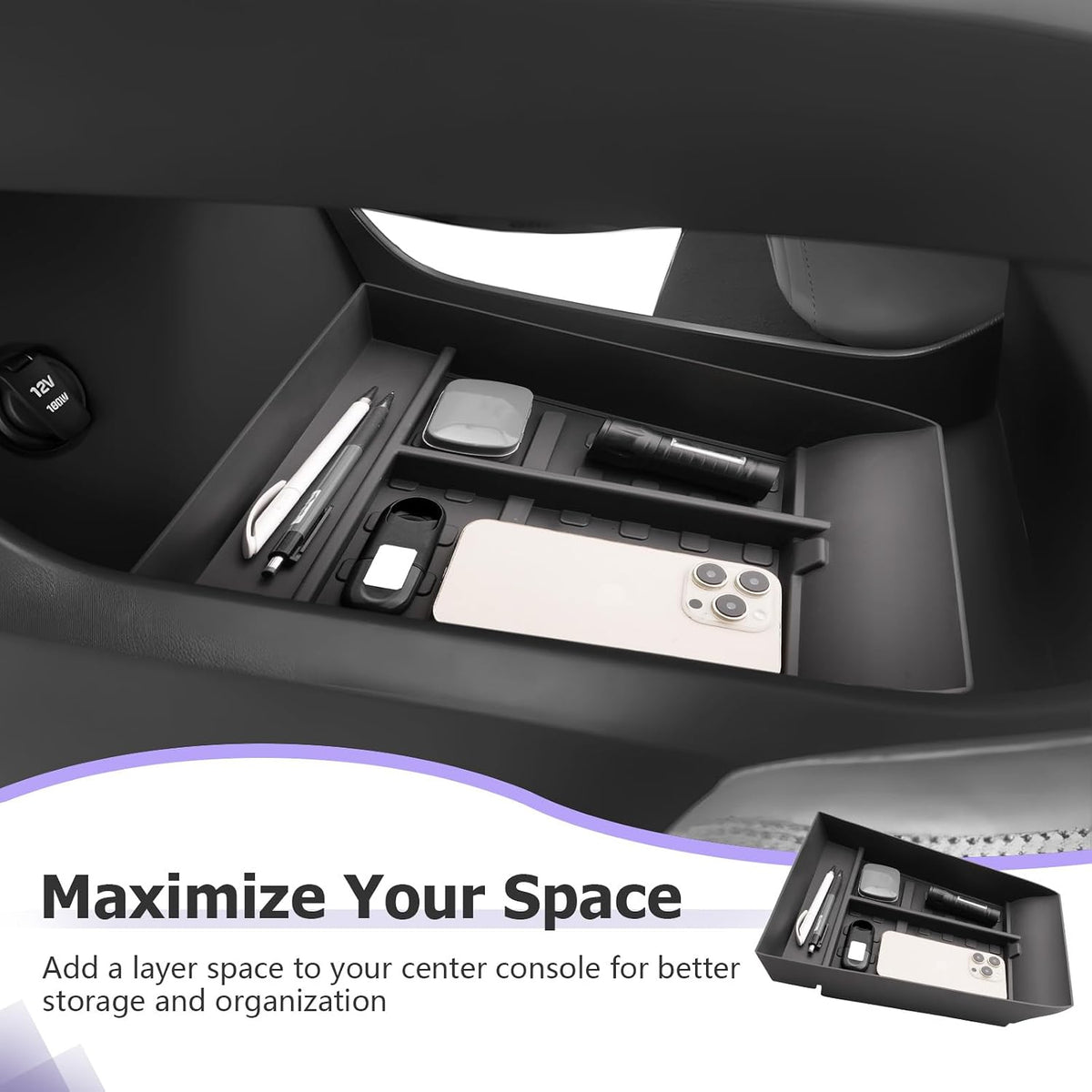 LUWU Lower Center Console Tray Storage Box for 2024 2025 2026 Hyundai Santa Fe SE/SEL/XRT/Limited/Calligraphy Accessories Armrest Console Organizer TPE Material 2025 2026 Santa Fe Accessories Black