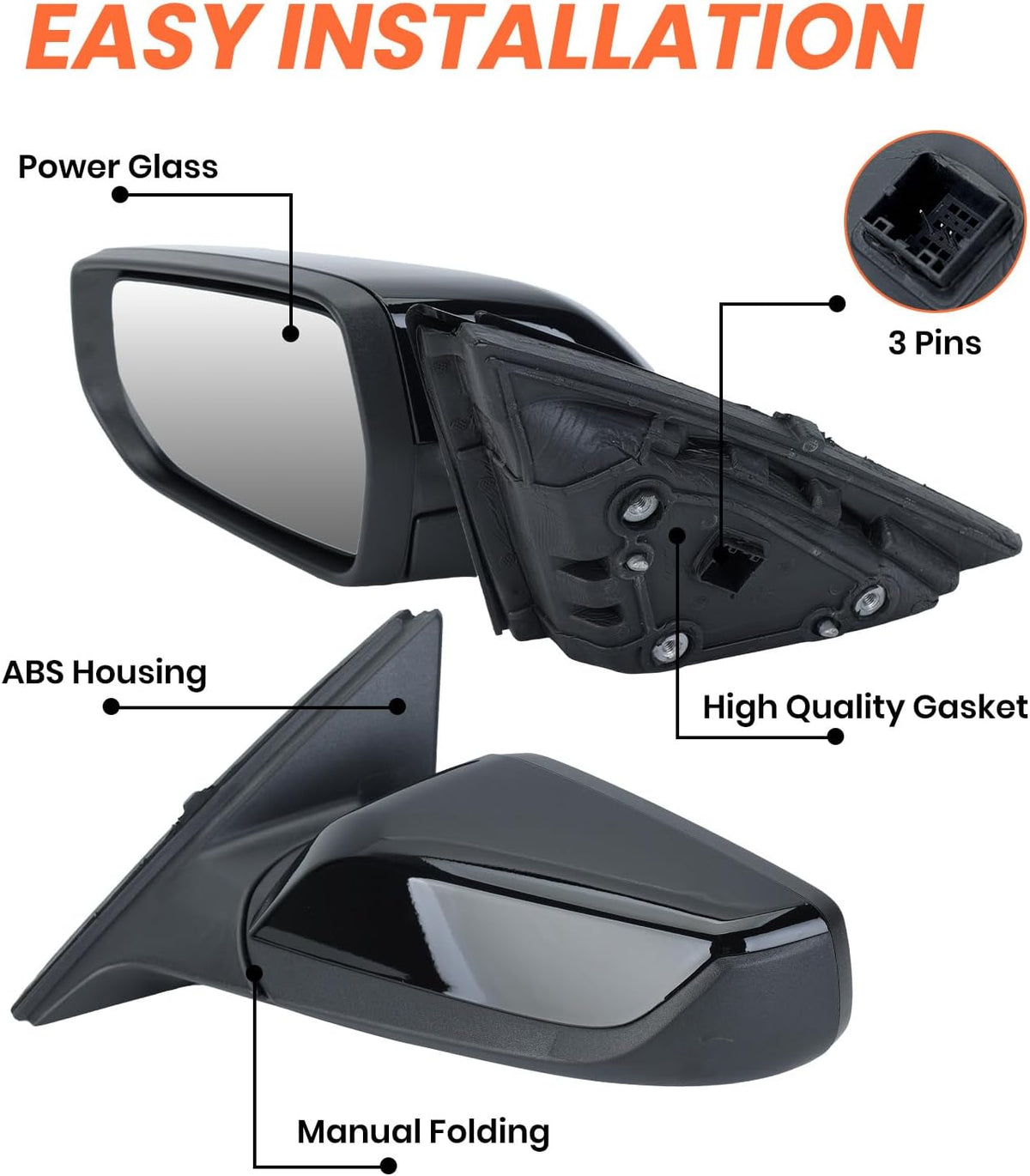 Driver Side Mirror Compatible with Chevy Malibu 2016-2022 Gloss Black 3Pins