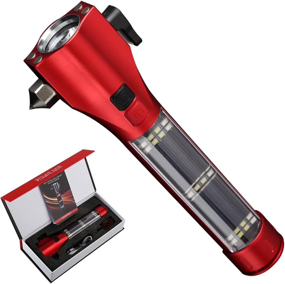 SINSEN Emergency Flashlight for Car, Seatbelt Cutter Window Breaker, 16-in-1 Multifunctional Safety Tool—Glass Hammer/Bright Solar Torch/Rechargeable/Rescue Alarm & Beacon/Repair Magnet