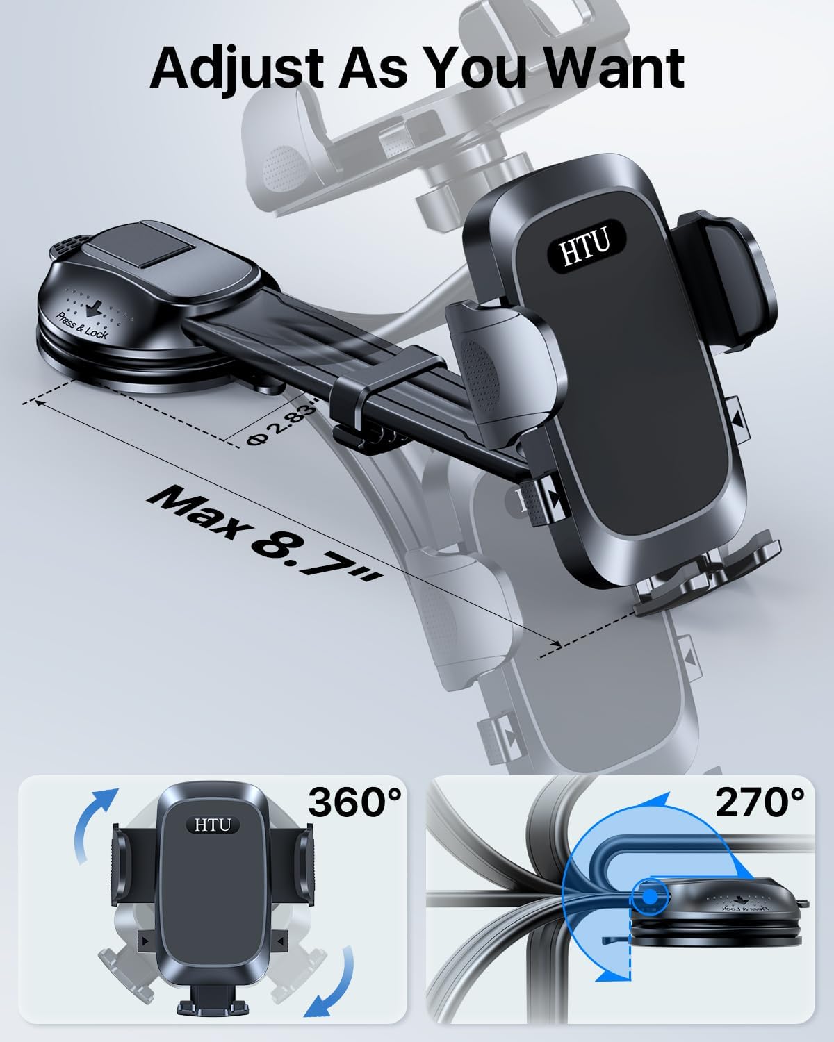 HTU [True Military-Grade Car Phone Holder [2026 Upgraded Strongest Suction & Vent Clip] Cell Phone Car Mount for Dashboard Windshield Vent Truck Cradle Dash Stand,(Black)