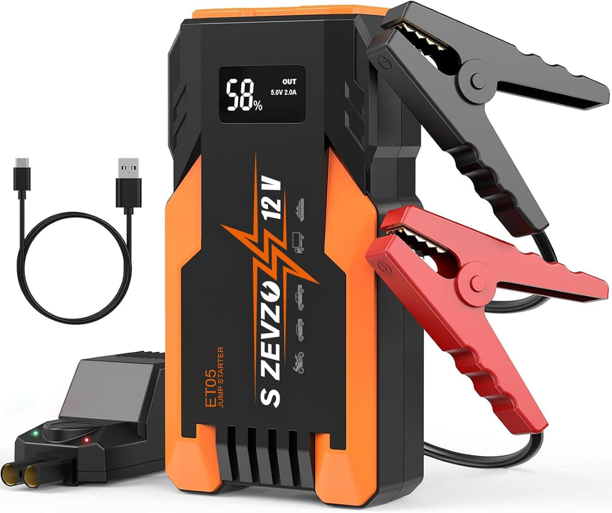 S ZEVZO ET05 Jump Starter 5000A Portable Car Jump Starter Battery Pack (7.2L Gas/ 5.5L Diesel), 51.8Wh 12V Jump Box with USB Ports, LCD Display and 3 Modes Flashlight