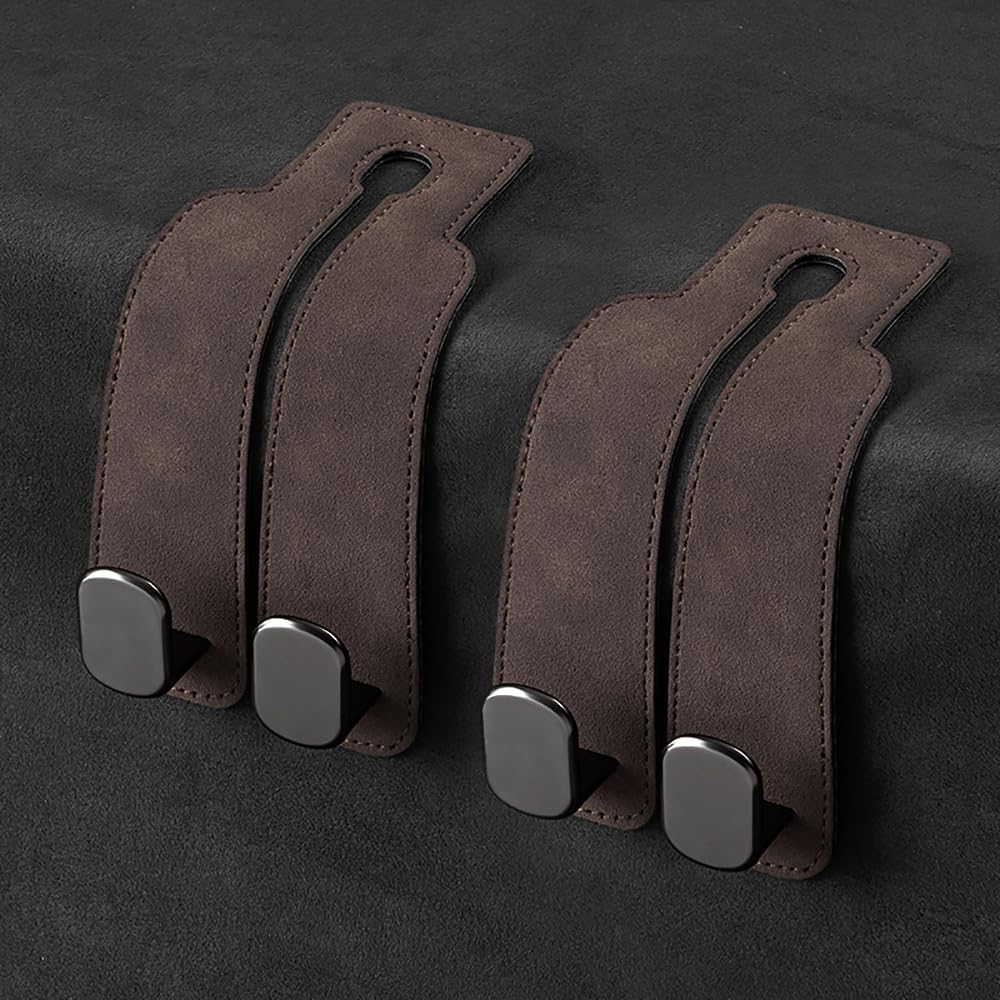 KINIVA Car Seat Headrest Storage Hooks, Set of 2, Suede PU Leather, Double Hooks (Black-4 Pack)