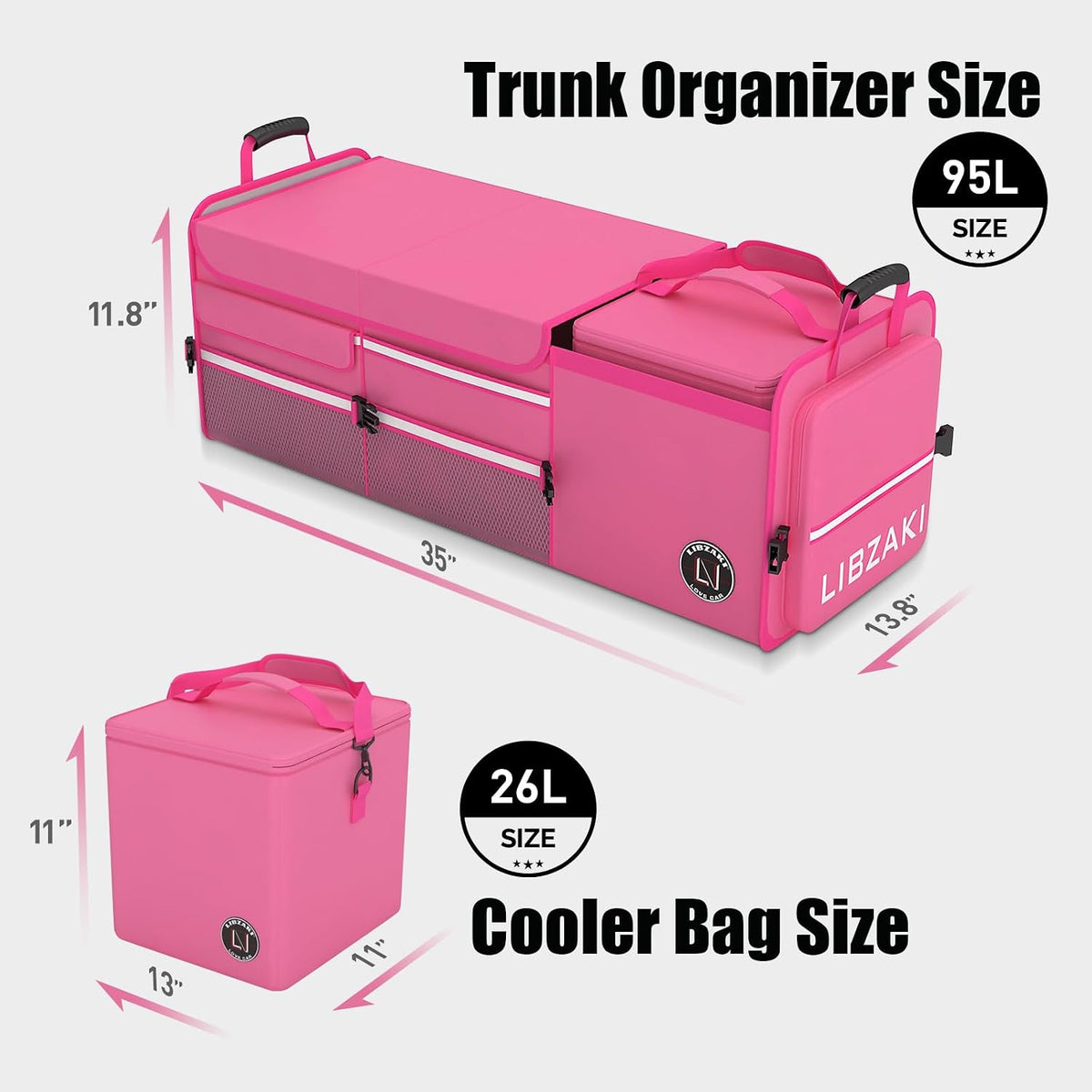 LIBZAKI Oversize 4 in 1 Car Trunk Storage Organizer, Multi Compartment Collapsible Trunk Storage Box with Cooler Bag for Car Truck SUV-Rose red