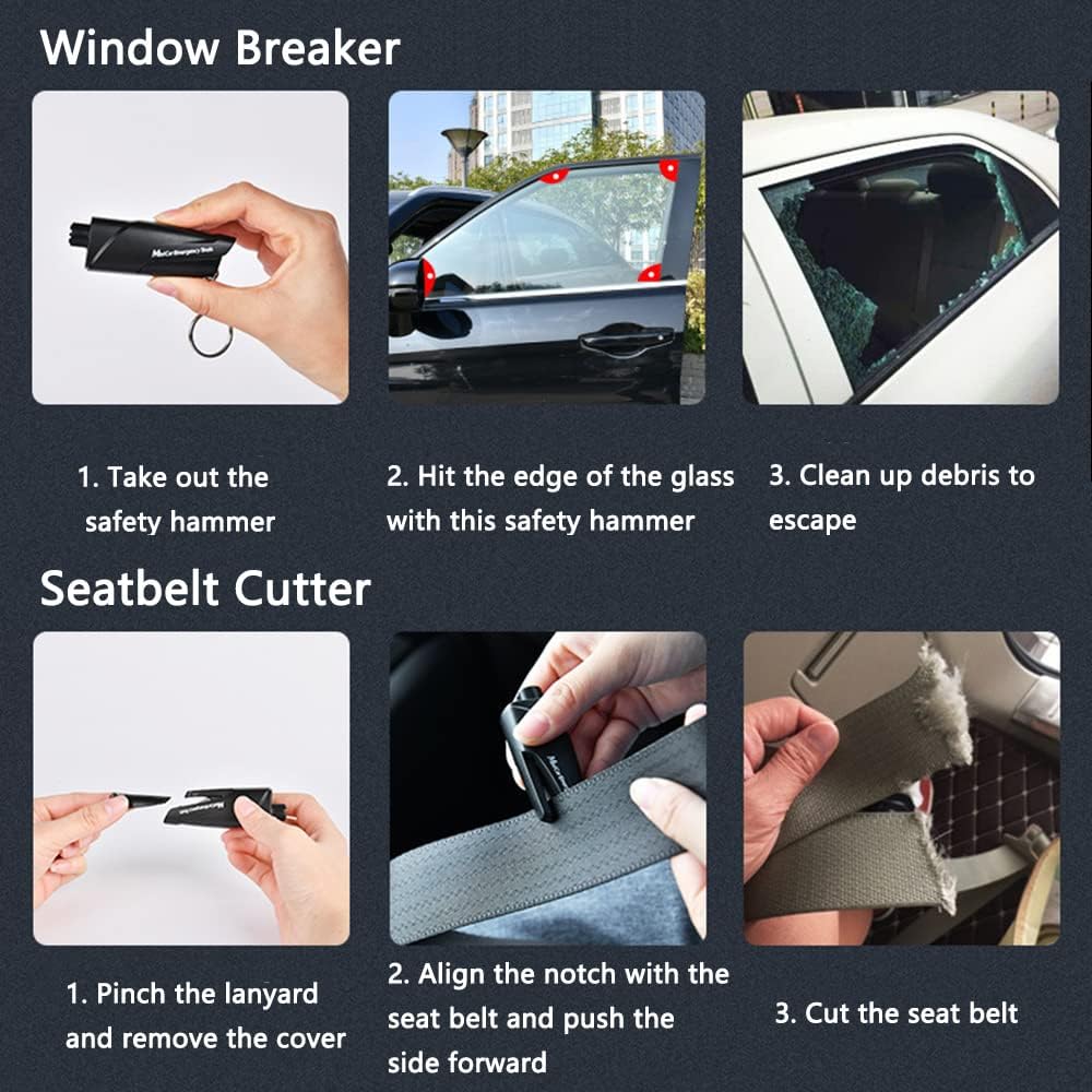 Hammer Window Breaker w/Sharp Carbonized Hammer Heads Hidden Shape Blade Seatbelt Cutter Lightweight Portable w/Chain Yellow
