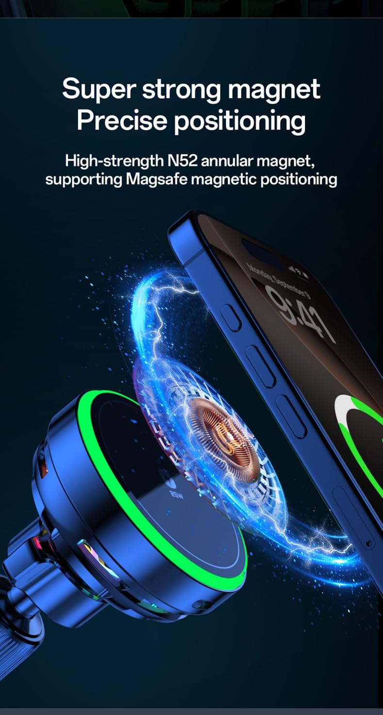 Qi2.2 Magnetic Wireless Car Charger with Active Cooling Fan, 25W Fast Charging Car Mount, N52 Strong Magnet Air Vent Phone Holder RGB Ambient Light, for iPhone Series and Samsung Series