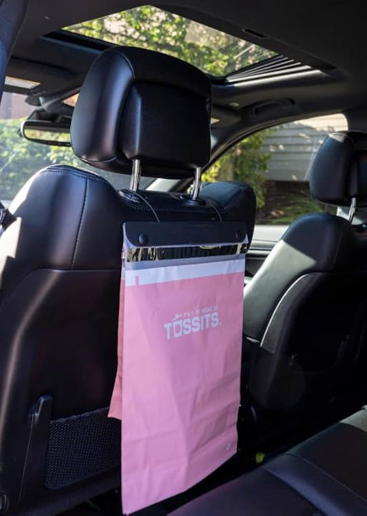 Tossits Hanging Car Trash & Garbage Bags, Disposable, Pink 21 Count | Leakproof, Smell-Proof, Recycled Plastic, Headrest & Console Mount, Bin for Truck, SUV, RV, Boat & Road Trips