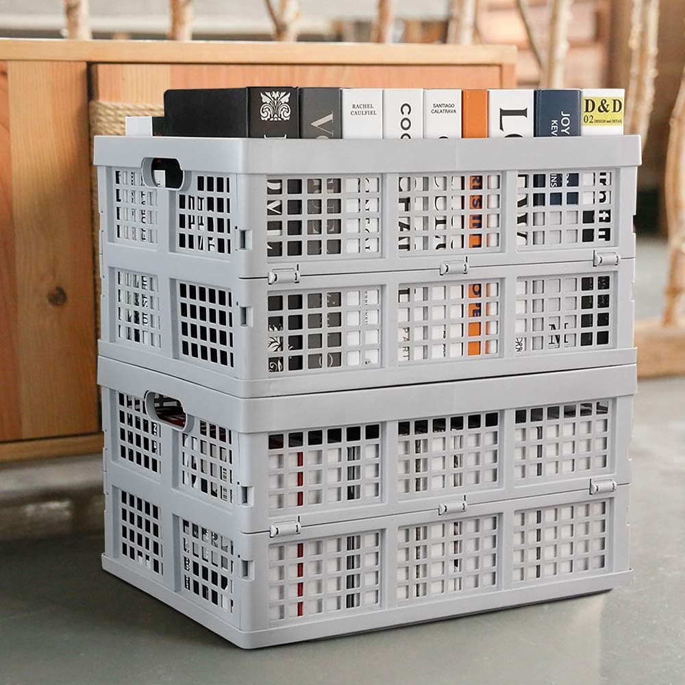 Hespama 2 Pack 35 Quart Plastic Folding Collapsible Milk Crate Basket, Grey