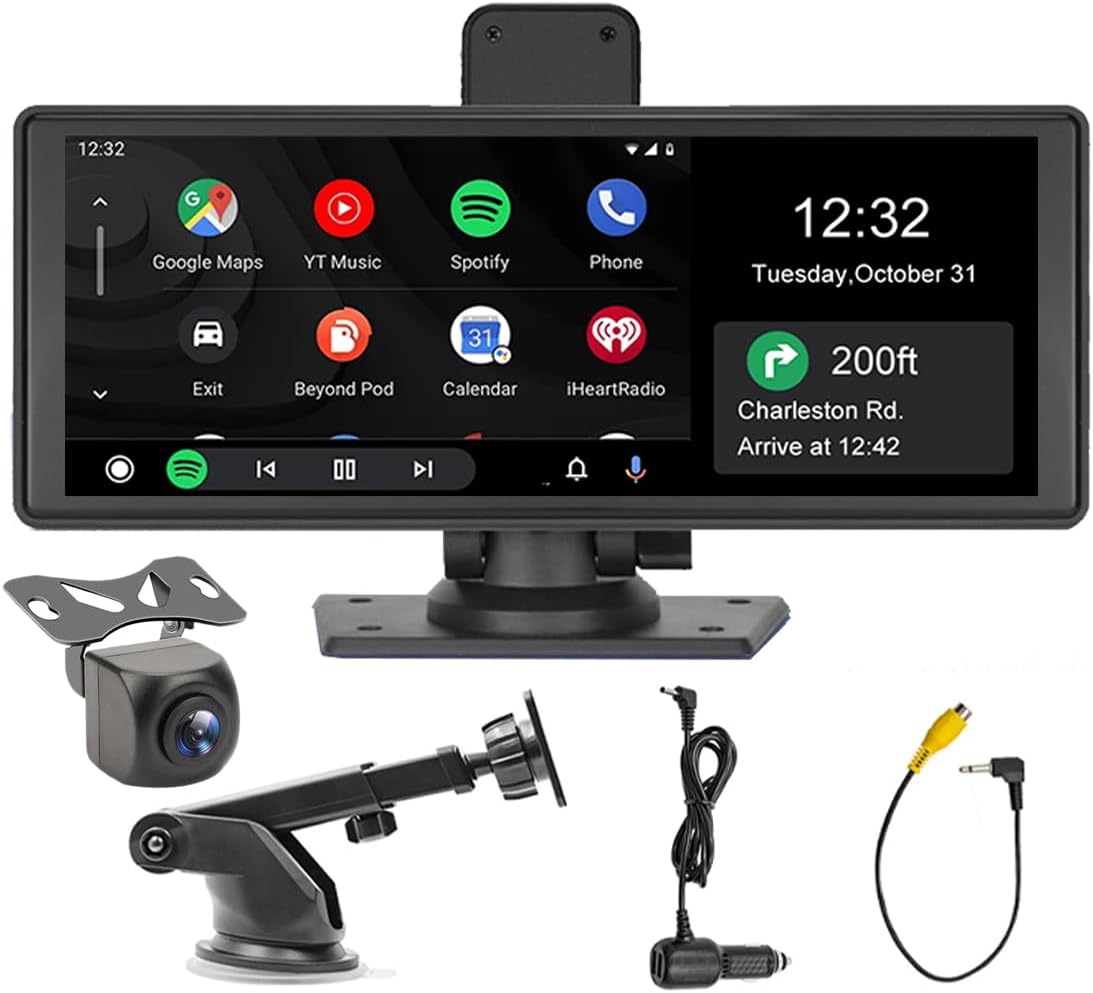 Portable Car Stereo with Wireless Carplay Android Auto, Car Radio 9.3 Inch IPS Touch Screen Car Monitor with AHD Reverse Camera/DVR/FM Transmitter/Bluetooth/AUX/Mirror Link Dash or Windshield Mounted