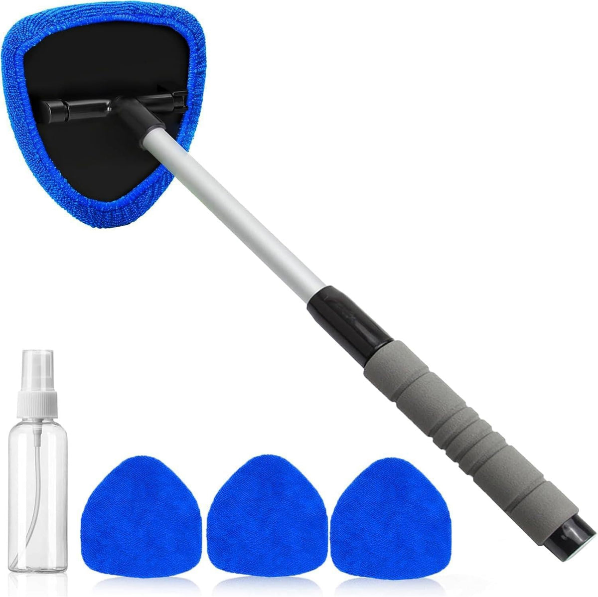 Windshield Cleaning Tool with Extendable Handle, Car Interior Window Cleaner Kit with 4 Reusable Microfiber Pads, Inside Windshield Cleaner for Auto & Home Glass (New) (Green)