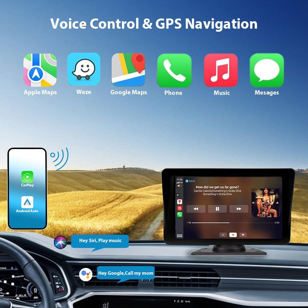 Sunweyer Car Television Wireless Carplay& Android Auto Screen, Portable Car Stereo,7 inch IPS Touchsreen Display, Support 1080p Backup Camera & Bluetooth/AUX/FM Transmitter