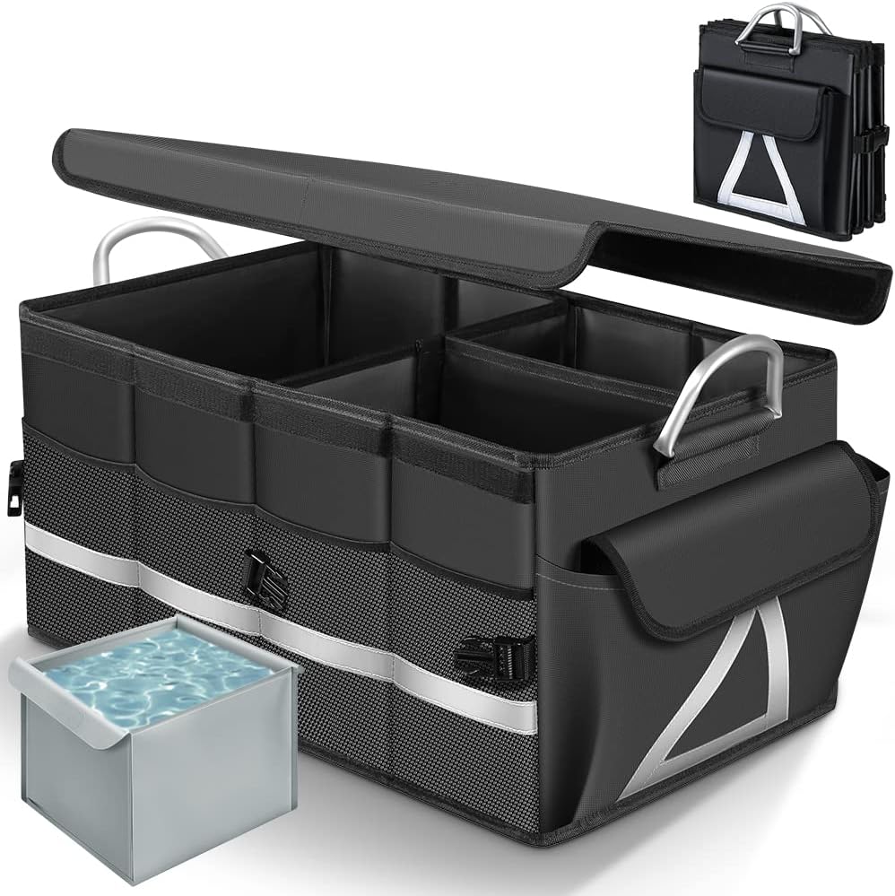 WINHUNT Trunk Organizer With Waterproof Bag, Collapsible Multi Compartment Storage for Car, SUV, Sedan, Truck - Non Slip Bottom, Aluminium Handle (Black, Large 66L)