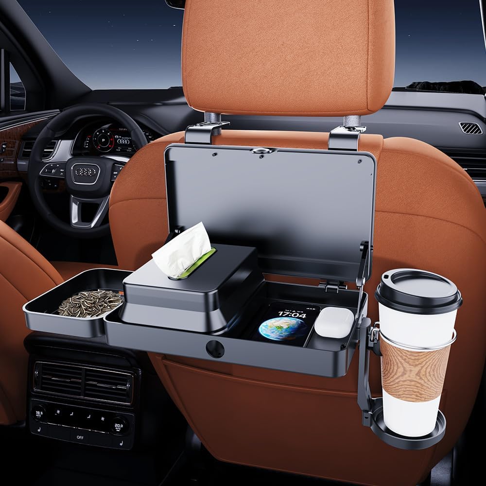 Car Storage Organizer, Multifunctional Car Seat Back Storage Organizer with Cup Holders Tissue Box Hook and Tray 3 in 1 Car Storage Box for SUV Truck Minivan Easy Install No Tools Needed (07)