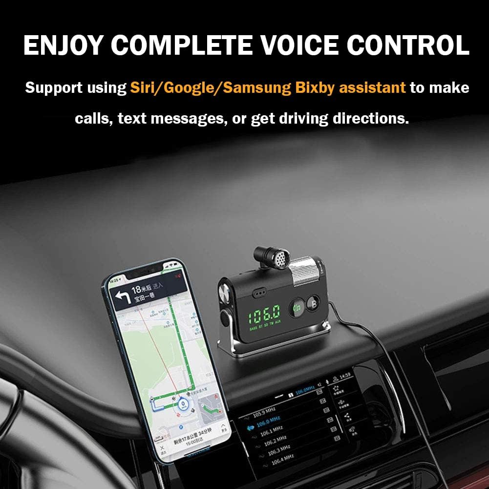 Bluetooth Car Adapter, Blutu para Carros with 2 Microphones & QC3.0 +Type-C PD 18W HiFi Bass Supports Hands-Free Calling, Siri Google Assistant, TF Card AUX Output