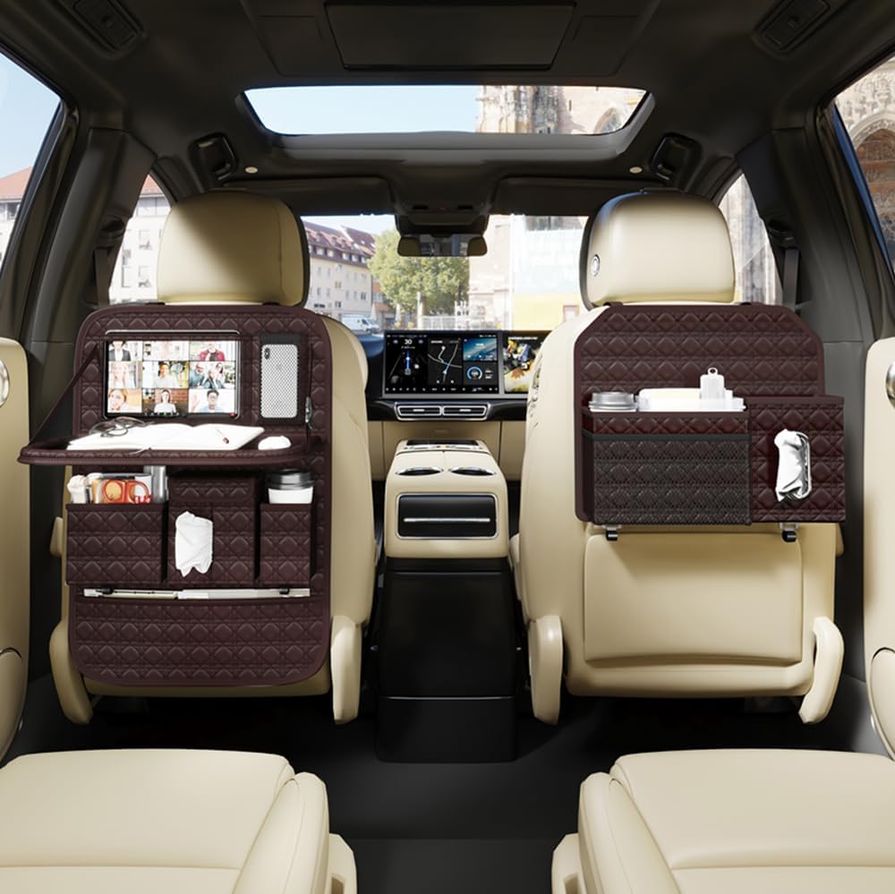 GMQ Backseat Car Organizer 1 Pack, Car Back Seat Organizers with Tray,Multifunctional Car Seat Back Organizer with Foldable Tablet Holder (Coffee Brown, 1 PC)