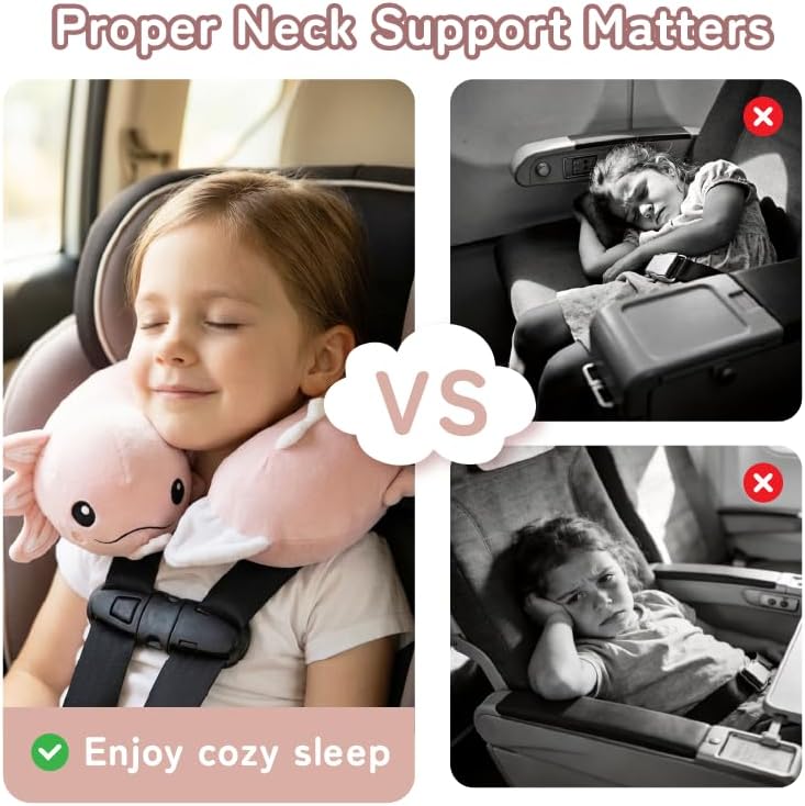 Niuniu Daddy Pink Axolotl Kids Travel Neck Pillow (3-8 Y/O), Memory Foam Toddler Pillows for Head &amp; Chin Support, Cute Sleeping Essentials for Car Seat, Airplane, Stroller and Long Road Trip
