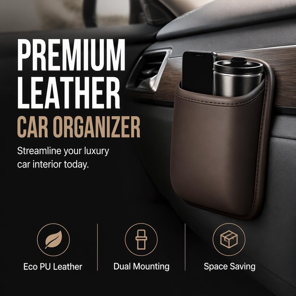 Leather Car Door Cup Holder Clip‑on Wide‑Mouth for Drinks & Phone, Black
