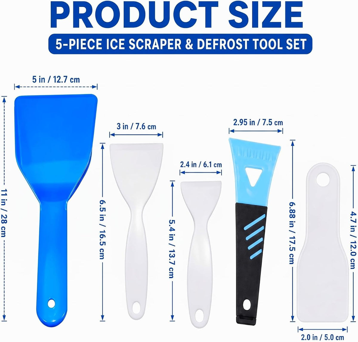 5 Pack Plastic Ice Scraper Combo Set, 3 Sizes Car Windshield Snow Remover + 1 Blue Large Ice Shovel + 1 Small White Freezer Defrost Shovel for Auto, Fridge & Household Cleaning
