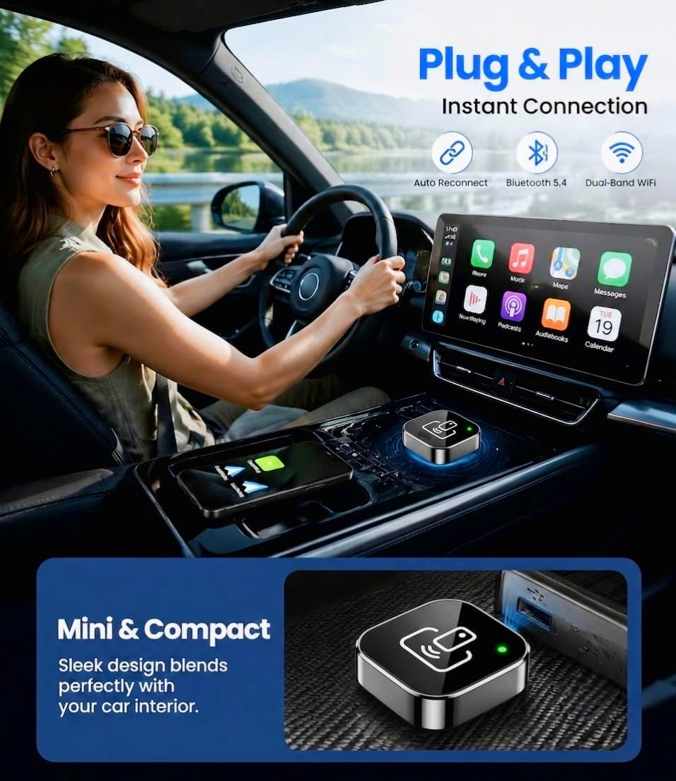 2026 Wireless CarPlay & Android Auto Adapter – 2-in-1 Plug & Play Dongle, Converts Wired to Wireless, Auto Reconnect, Low Latency, for iOS 10+ & Android 11+ with Factory Wired CarPlay