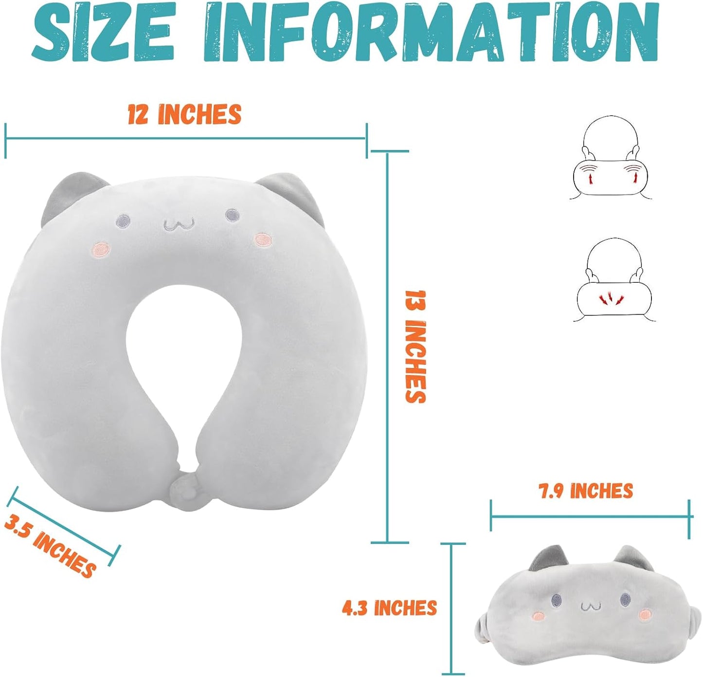 Kids Neck Pillow for Travel with Sleep Eye Mask, Cute Travel Neck Pillow, Memory Foam Flight Sleeping Headrest Pillow for Boys & Girls, Airplane, Train, Car, Home Use - Grey Cat