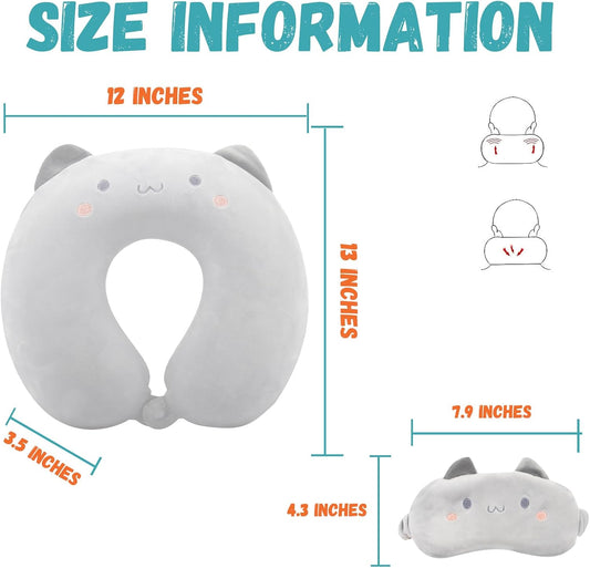 Kids Neck Pillow for Travel with Sleep Eye Mask, Cute Travel Neck Pillow, Memory Foam Flight Sleeping Headrest Pillow for Boys & Girls, Airplane, Train, Car, Home Use - Grey Cat