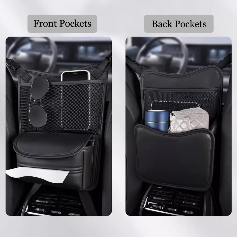Car Purse Holder Between Seats Car Organizer, Leather Large Capacity Car Handbag Holder for Front Seat, Seat Back Net Bag Double-sided Tissue Storage Handbag Holder Car Accessories (Black)
