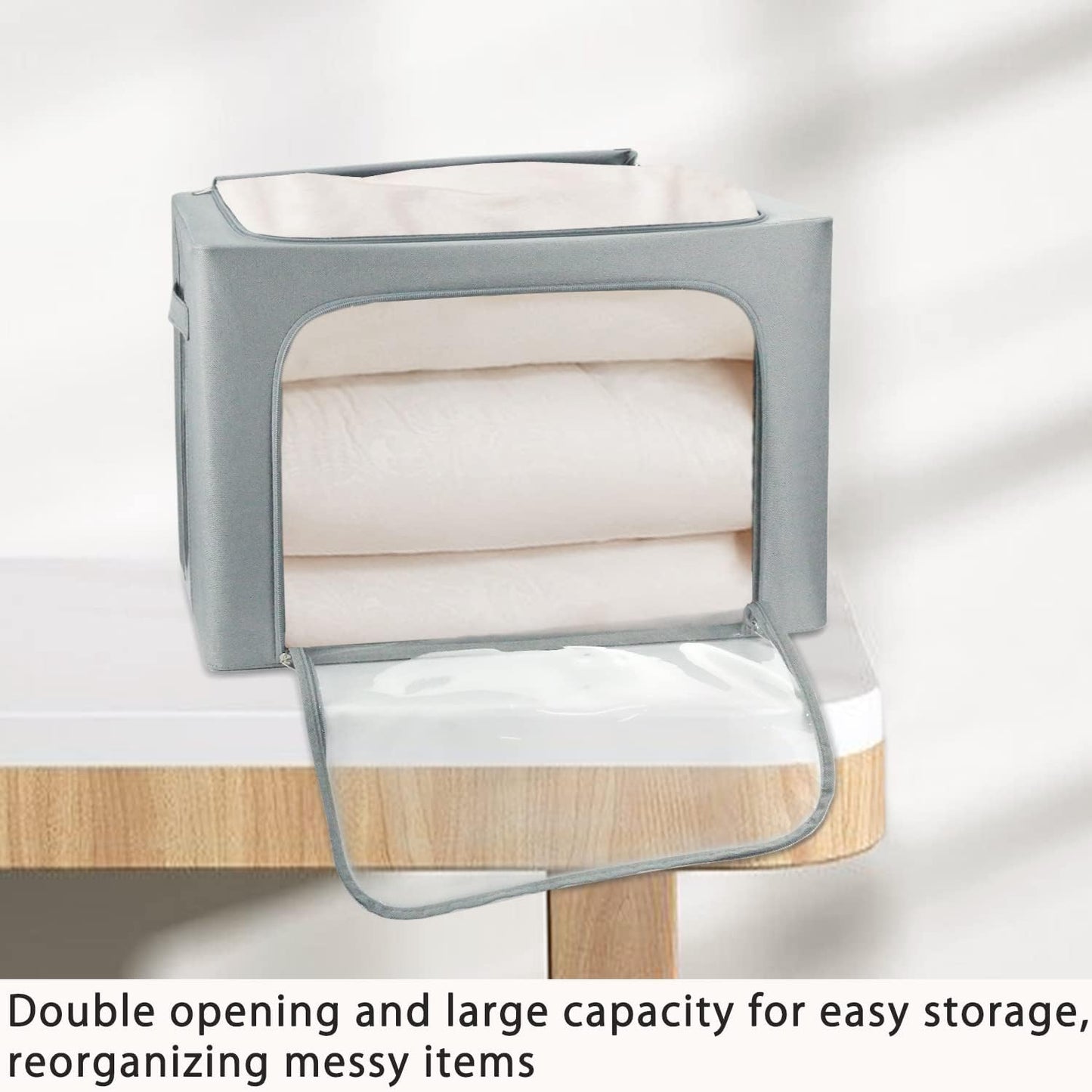 Clothes Storage Box Bins Stackable Foldable Organizer,Sturdy Handles with Metal Frame for Clothing Bedding Shelves,Closet Container with Clear Window Zipper and Label Holder (Gray, 66L x3 Pack)