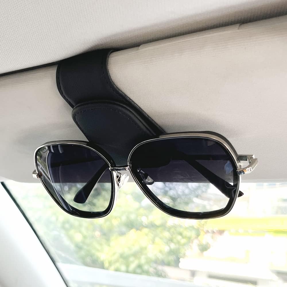 2Pcs Sunglass Holder for Car, Magnetic Leather Eyeglass Hanger Clip for Car Sun Visor, Sunglasses Holder and Ticket Card Clip for Car Visor Accessories
