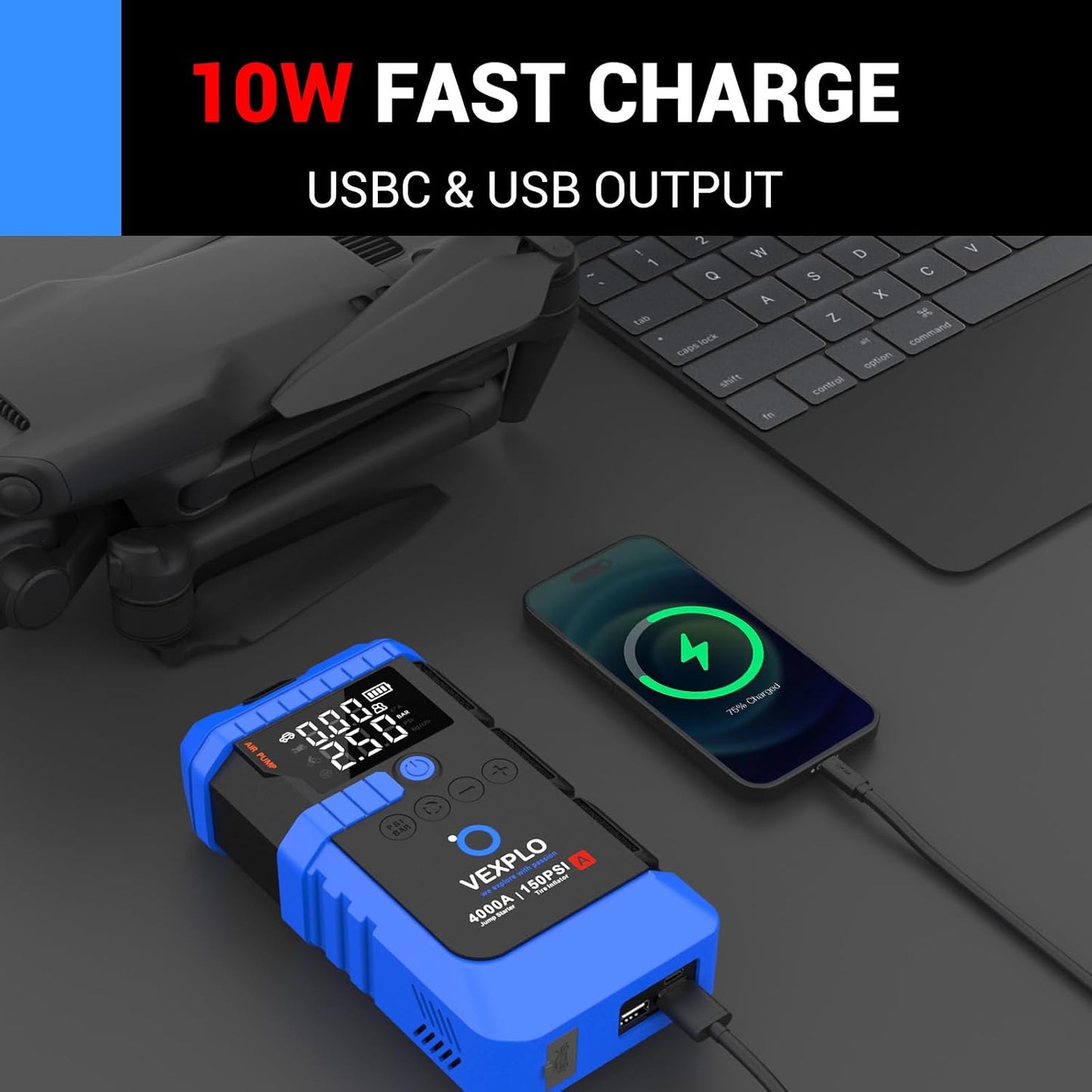 VEXPLO Jump Starter with Tire Inflator Portable Roadside Emergency Car Kit | 4000A Car Battery Jumper Start (9.0Gas/8LDiesel) 150PSI Auto-Off Tire Inflator 45W Fast Charger 8-in-1 Emergency Roadside Kit
