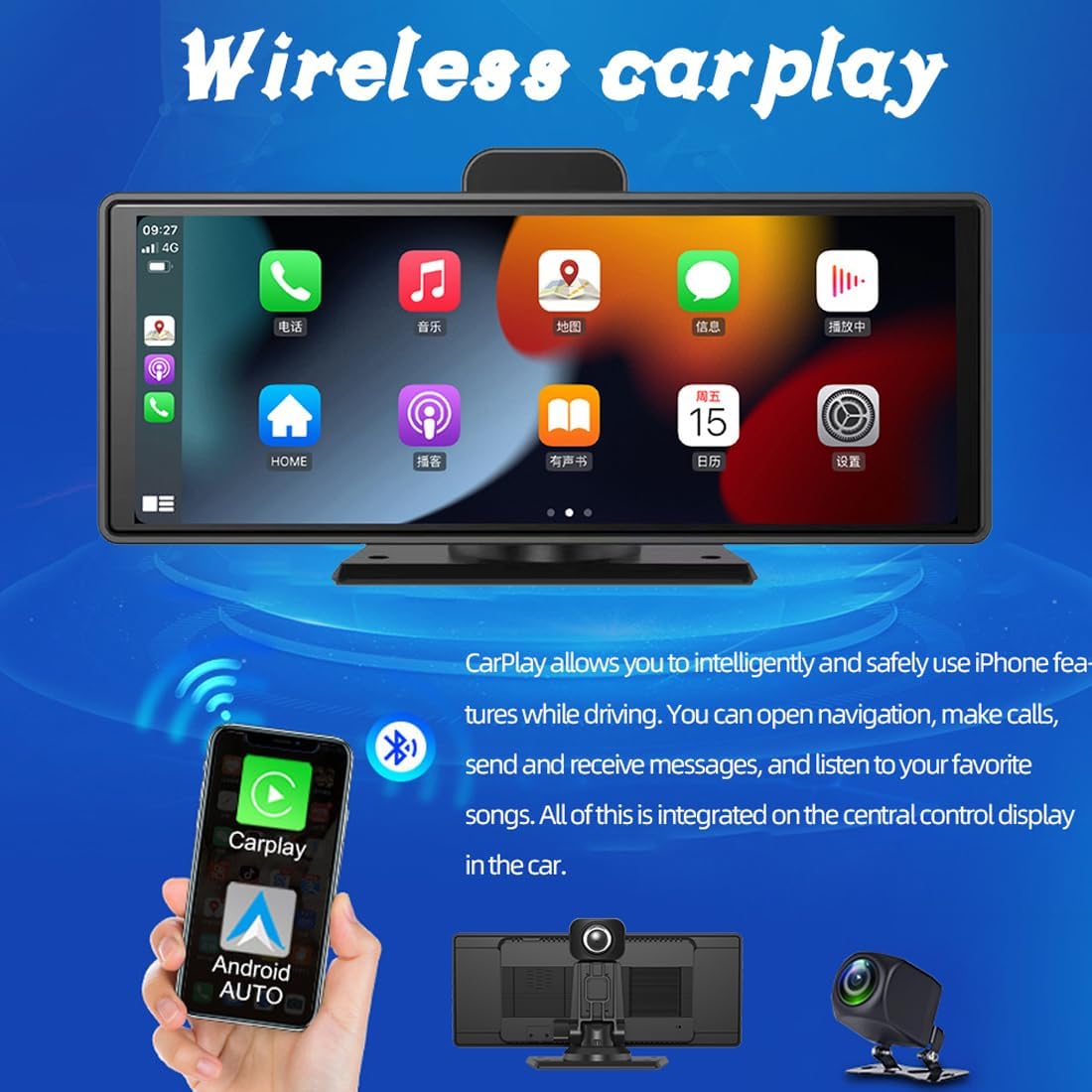 Eaglerich T97 10" Wireless Carplay & Android Auto Car Monitor with Backup Camera, Portable Touchscreen GPS Navigation, Bluetooth 5.0, FM Transmitter, AUX, Hands-Free Calling, Loop Recording