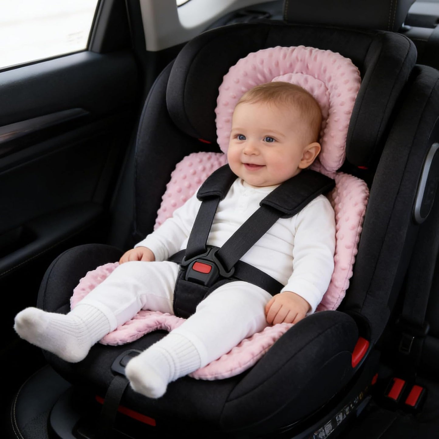 KAKIBLIN Infant Car Seat Insert, Carseat Head Insert & Body Support for Newborn, 2-in-1 Reversible Newborn Car Seat Cushion, Soft Stroller Insert for Car Seats, Bouncer, Strollers, Swing (Pink)