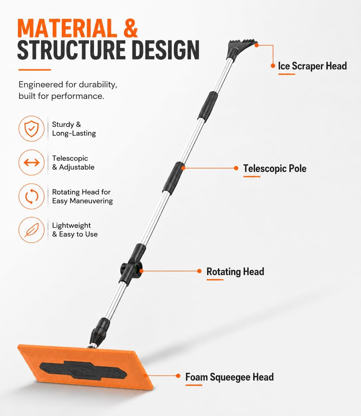 DooGooCoo 57.1" Snow Broom & Ice Scraper for Car with 16.3" Foam Brush