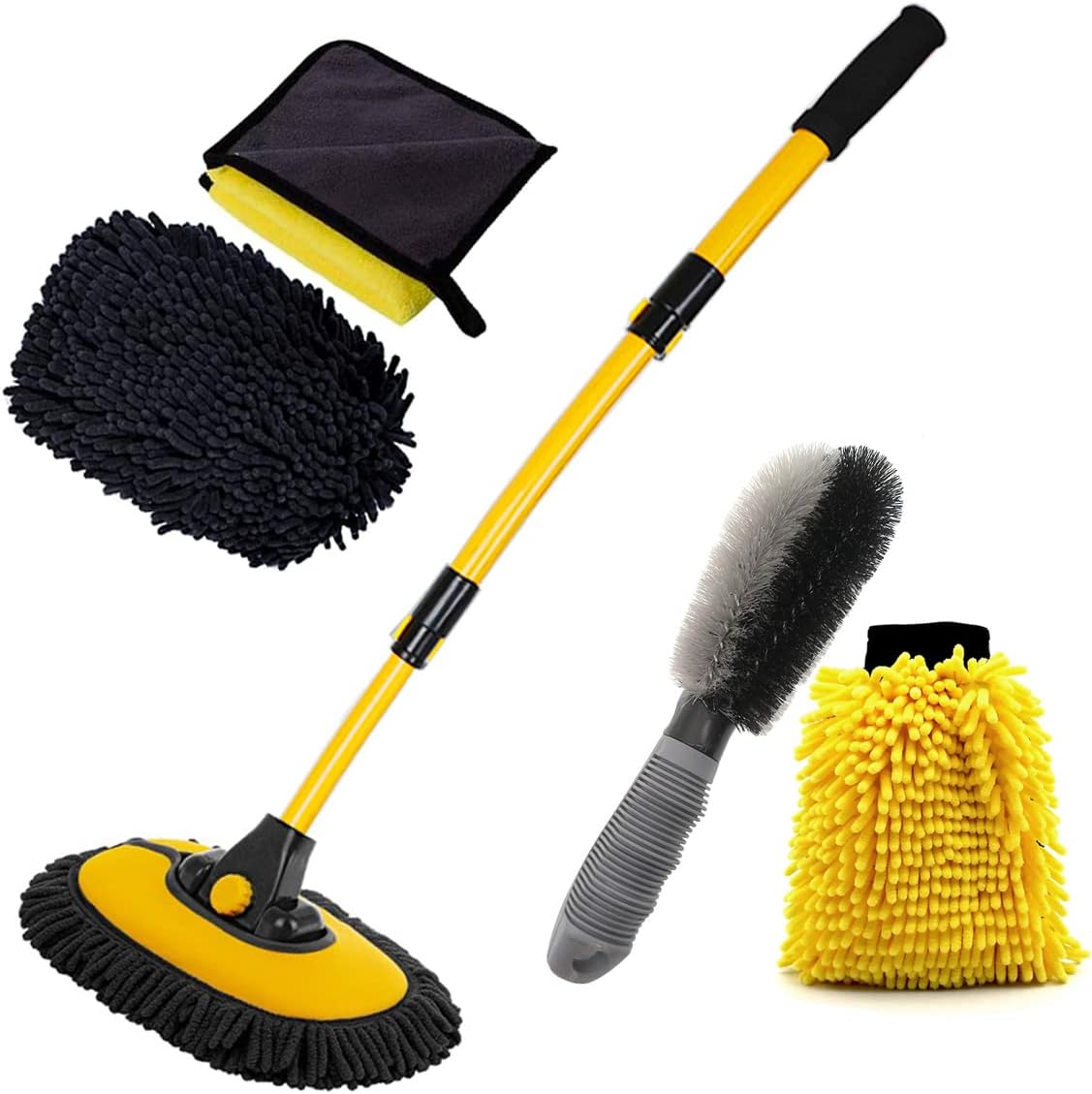 BMLEI Car Wash Brush with Long Handle, Microfiber Towels Car Wash Kit Cleaning Supplies, Car Wash Mop Mitt with 2 Replacement Head , Extension Pole Car Brush Cleaning Kit for Cars Trucks