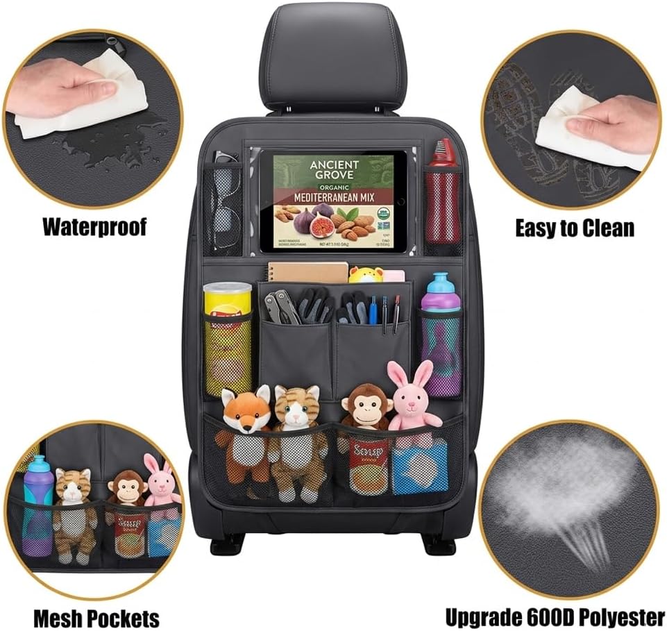 2 Pack Backseat Car Organizer & Kick Mat, Waterproof Seat Back Protector with Clear Pad/Tablet Holder, Universal Fit Car Organizer for Kids Travel Essentials & Storage for SUV/Truck/Sedan