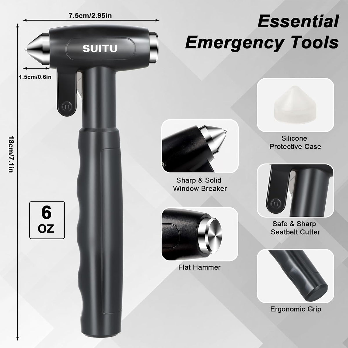Longzhuo Car Window Breaker Tool with Seatbelt Cutter, Carbon Steel Window Breaker Seatbelt Cutter, 3-in-1 Automotive Safety Hammer for Auto Accidents, Essential for Emergency Car Kit