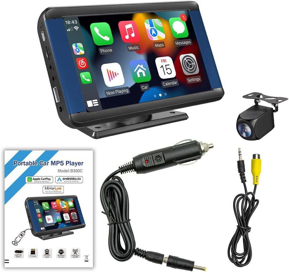 Portable Wireless CarPlay & Android Auto Screen for Car, 7" HD Touchscreen Car Stereo with Backup Camera Mirror Link, Bluetooth 5.0, FM Transmitter, AUX/Type-C Interfaces & Reversing Input