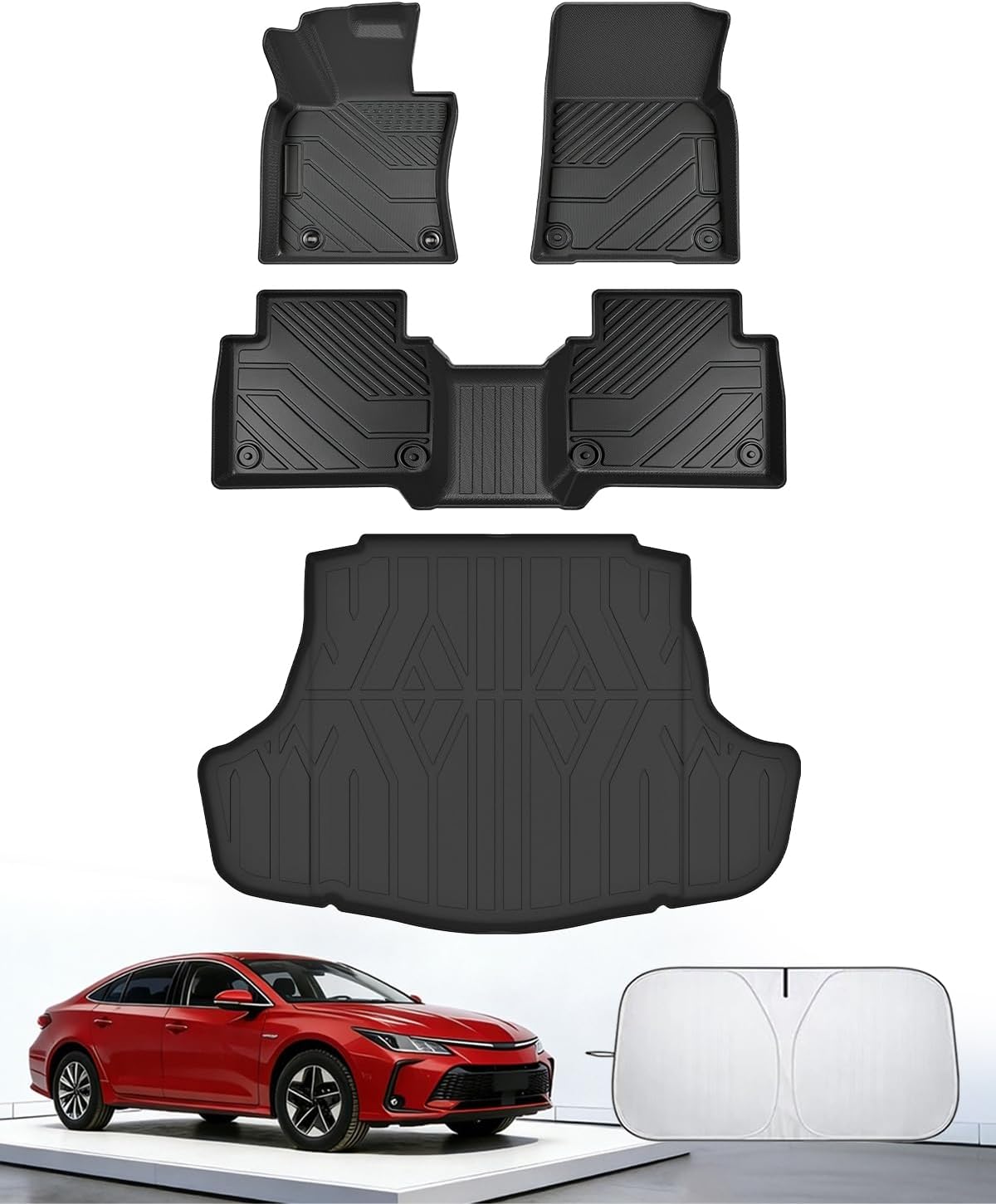 Floor Mats for Toyota Camry 2018-2022 2023 2024 (Not for Hybrid or AWD), All Weather Protection Custom Floor Mats Trunk Cargo and Car Windshield Cover Set Car Accessories,Car Floor Liners Set