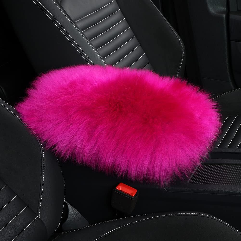 LLB Auto Center Console Cover Pad Universal Fit for SUV/Truck/Car, Genuine Sheepskin Wool Fur Car Armrest Seat Box Cover, Furry Fluffy Auto Armrest Cover Protector (Black)