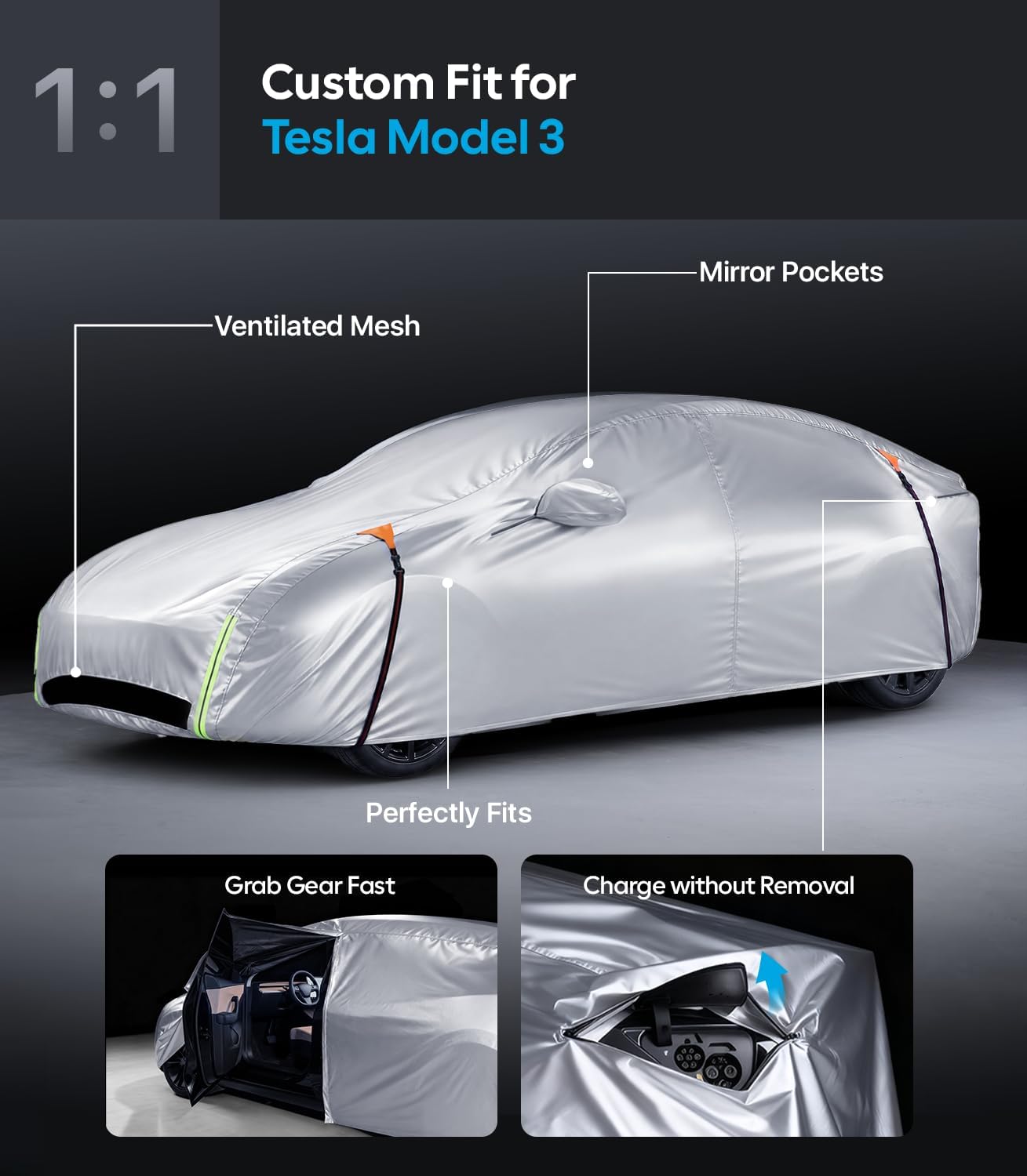 Wigoo Tesla Model 3 Car Cover Accessories (2017–2026), Custom Fit All-Weather Outdoor, Waterproof UV Sun & Heat Protection, Ventilated Design, Windproof, Smooth Paint-Safe Lining, Charging Port Zipper