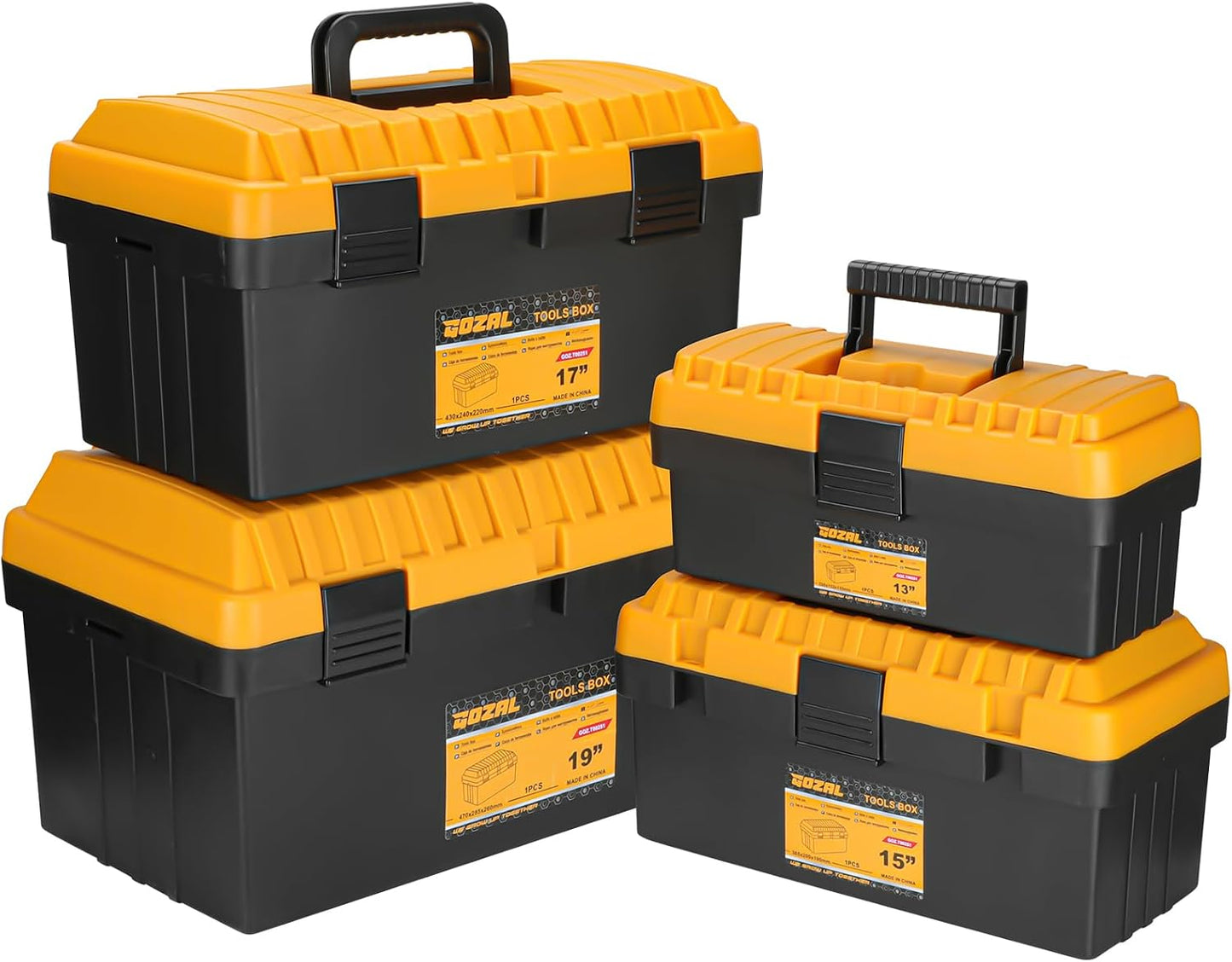 Stackable Portable Tool Box Set, 4 Nested Heavy Duty Boxes, 13-19 Inch | Workshop, Home, Removable Trays, Portable Design, Nesting Boxes, 70% Space Saving, Modular Storage, cajas de herramientas