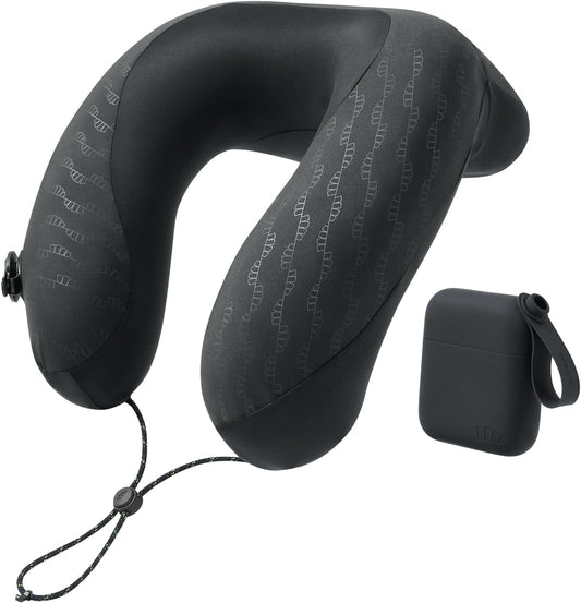 BENEUNDER Travel Neck Pillow for Airplane, Inflatable Compact 360°Head Support Pillow, Comfortable Breathable Cover for Travel, Train,Car with Storage Bag, Black