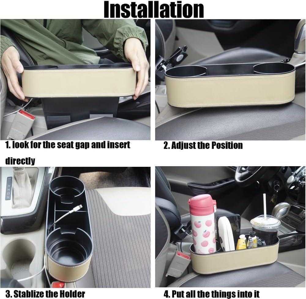 Cup Holder for Car Seat Gap Organizer, Multifunctional Cup Drink Holders with PU Leather Cover,Side Insert Center Console Gap Filler Storage Box for Mug Bottle CellPhones Keys Coffee Coasters