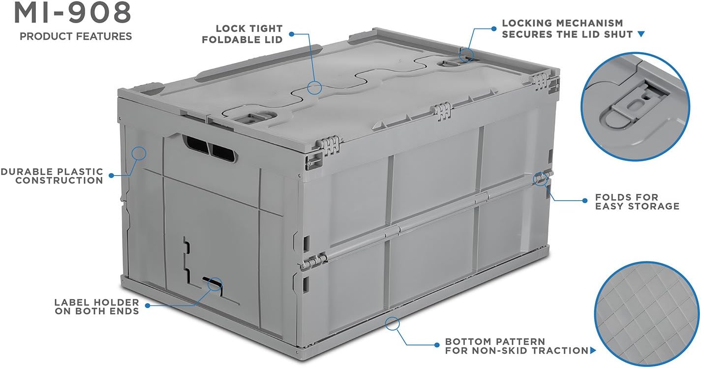 Mount-It! Collapsible Plastic Storage Crate, Folding and Stackable Utility Distribution Container with Attached Lid, 65L Liter Capacity, Pack of 1
