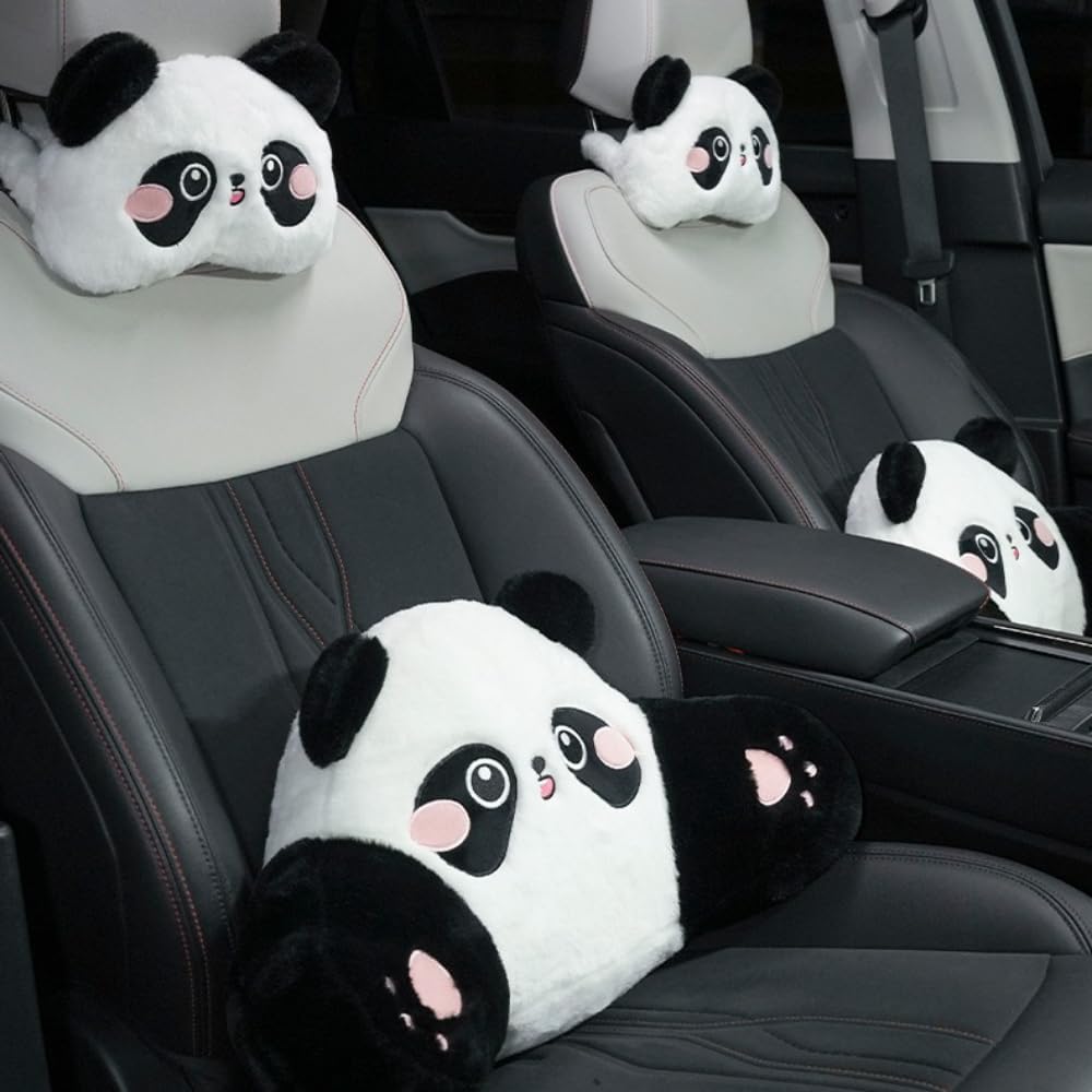 Cute Panda Car Pillow – Plush Neck Support & Lumbar Cushion, Soft Rabbit Fur Material for Headrest & Back Seat Comfort(Set of 2)